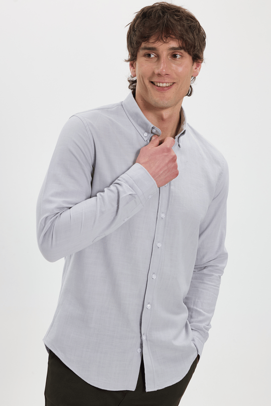 Erkek Slim Fit Dar Kesim %100 Pamuk Düğmeli Yaka Flam Keten Gri Gömlek