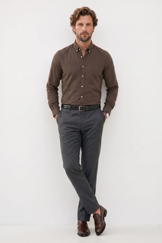 Erkek Slim Fit Dar Kesim %100 Pamuk Düğmeli Yaka Flam Keten Haki Gömlek