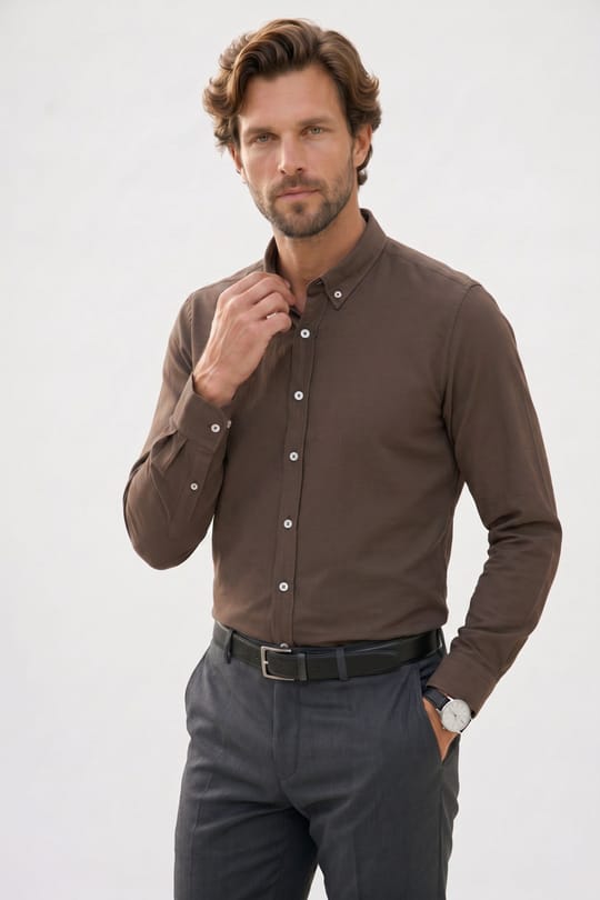 Erkek Slim Fit Dar Kesim %100 Pamuk Düğmeli Yaka Flam Keten Haki Gömlek