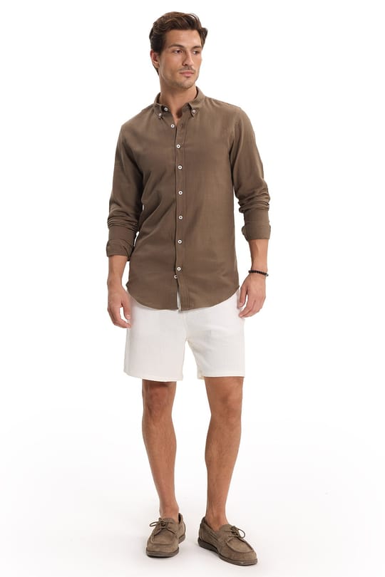 Erkek Slim Fit Dar Kesim %100 Pamuk Düğmeli Yaka Flam Keten Haki Gömlek