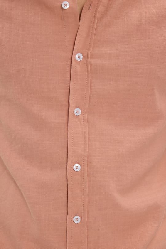 Erkek Slim Fit Dar Kesim %100 Pamuk Düğmeli Yaka Flam Keten Turuncu Gömlek