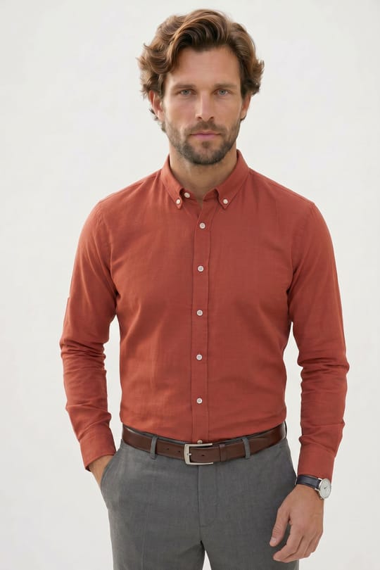 Erkek Slim Fit Dar Kesim %100 Pamuk Düğmeli Yaka Flam Keten Turuncu Gömlek