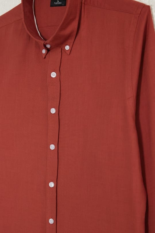 Erkek Slim Fit Dar Kesim %100 Pamuk Düğmeli Yaka Flam Keten Turuncu Gömlek