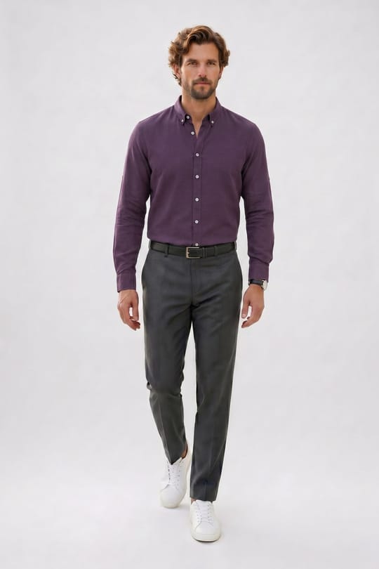 Erkek Slim Fit Dar Kesim %100 Pamuk Düğmeli Yaka Flam Keten Mor Gömlek