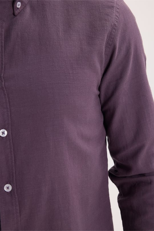 Erkek Slim Fit Dar Kesim %100 Pamuk Düğmeli Yaka Flam Keten Mor Gömlek