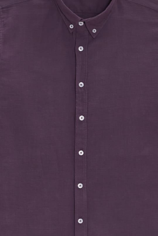 Erkek Slim Fit Dar Kesim %100 Pamuk Düğmeli Yaka Flam Keten Mor Gömlek