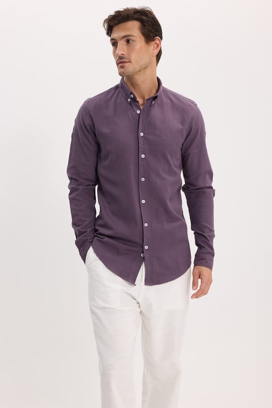 Erkek Slim Fit Dar Kesim %100 Pamuk Düğmeli Yaka Flam Keten Mor Gömlek