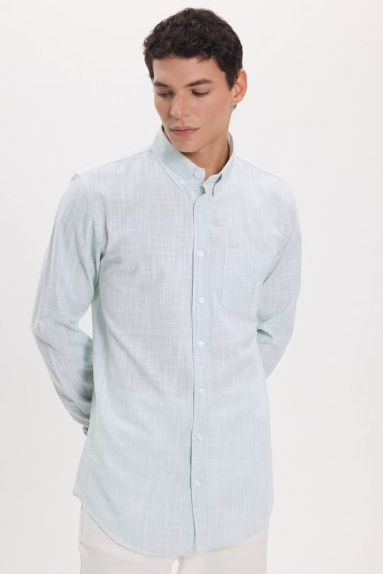 Erkek Slim Fit Dar Kesim Uzun Kollu %100 Pamuk Keten Efektli Düğmeli Yaka Rahat Yeşil Gömlek