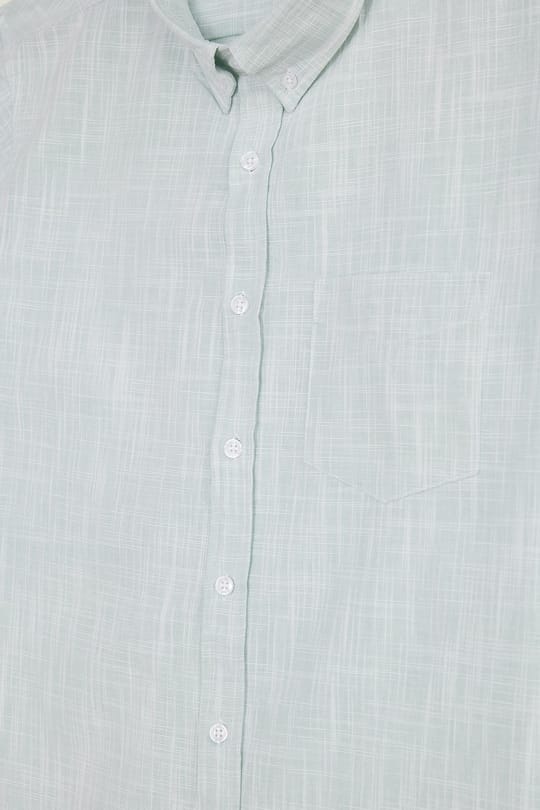 Erkek Slim Fit Dar Kesim Uzun Kollu %100 Pamuk Keten Efektli Düğmeli Yaka Rahat Yeşil Gömlek