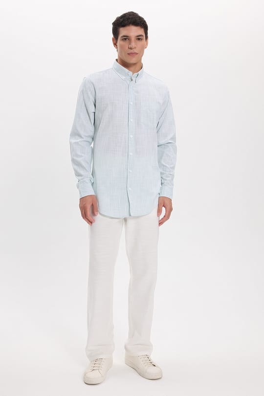 Erkek Slim Fit Dar Kesim Uzun Kollu %100 Pamuk Keten Efektli Düğmeli Yaka Rahat Yeşil Gömlek