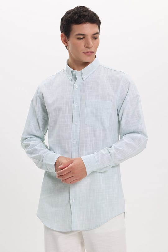 Erkek Slim Fit Dar Kesim Uzun Kollu %100 Pamuk Keten Efektli Düğmeli Yaka Rahat Yeşil Gömlek