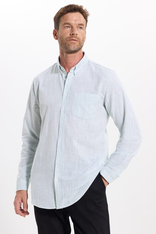 Erkek Slim Fit Dar Kesim Uzun Kollu %100 Pamuk Keten Efektli Düğmeli Yaka Rahat Yeşil Gömlek