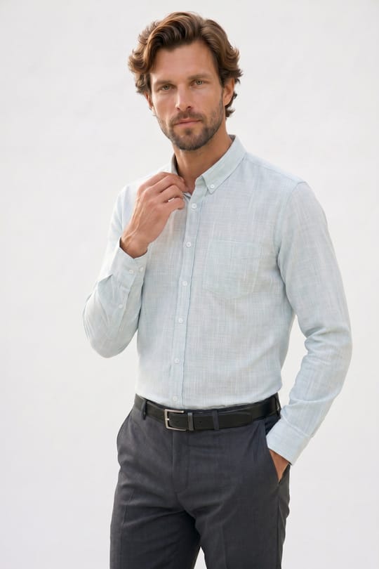 Erkek Slim Fit Dar Kesim Uzun Kollu %100 Pamuk Keten Efektli Düğmeli Yaka Rahat Yeşil Gömlek