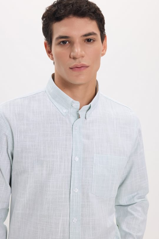 Erkek Slim Fit Dar Kesim Uzun Kollu %100 Pamuk Keten Efektli Düğmeli Yaka Rahat Yeşil Gömlek