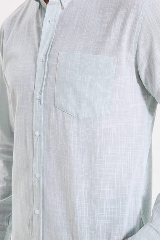 Erkek Slim Fit Dar Kesim Uzun Kollu %100 Pamuk Keten Efektli Düğmeli Yaka Rahat Yeşil Gömlek