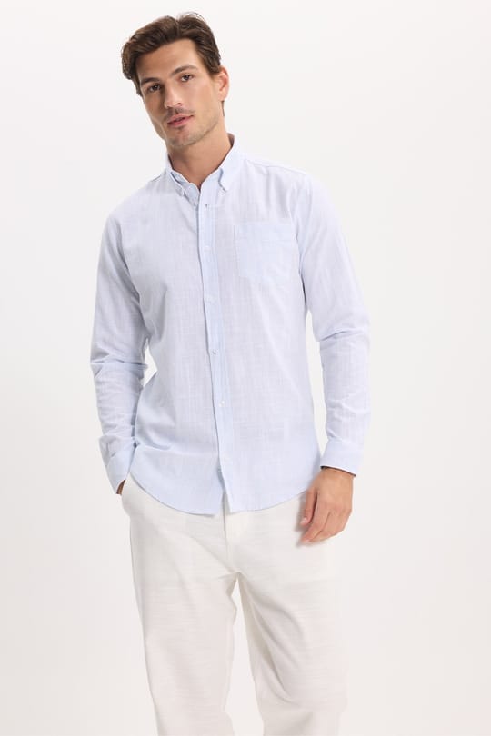 Erkek Slim Fit Dar Kesim Uzun Kollu %100 Pamuk Keten Efektli Düğmeli Yaka Rahat Mavi Gömlek