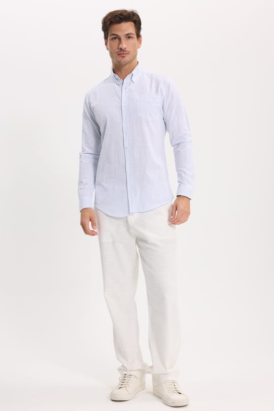 Erkek Slim Fit Dar Kesim Uzun Kollu %100 Pamuk Keten Efektli Düğmeli Yaka Rahat Mavi Gömlek