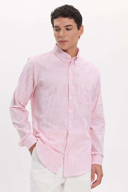 Erkek Slim Fit Dar Kesim Uzun Kollu %100 Pamuk Keten Efektli Düğmeli Yaka Rahat Kırmızı Gömlek