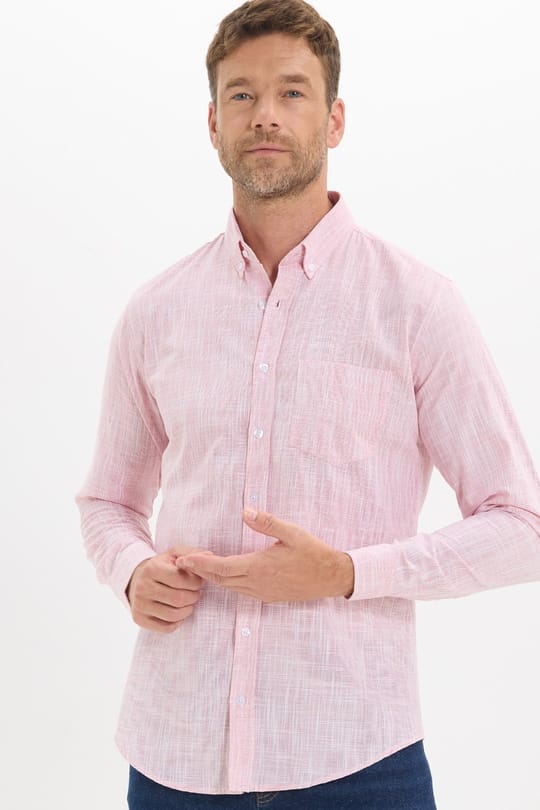Erkek Slim Fit Dar Kesim Uzun Kollu %100 Pamuk Keten Efektli Düğmeli Yaka Rahat Kırmızı Gömlek