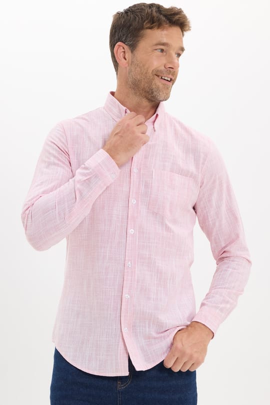 Erkek Slim Fit Dar Kesim Uzun Kollu %100 Pamuk Keten Efektli Düğmeli Yaka Rahat Kırmızı Gömlek