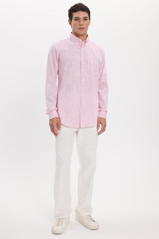 Erkek Slim Fit Dar Kesim Uzun Kollu %100 Pamuk Keten Efektli Düğmeli Yaka Rahat Kırmızı Gömlek