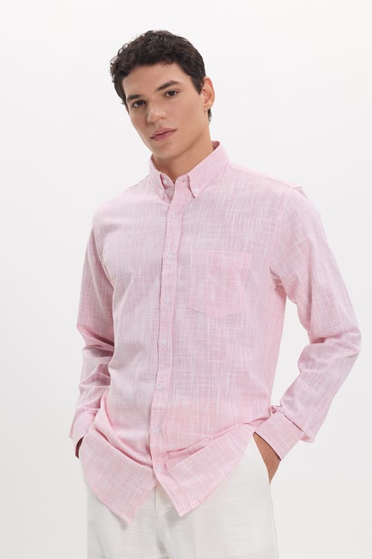 Erkek Slim Fit Dar Kesim Uzun Kollu %100 Pamuk Keten Efektli Düğmeli Yaka Rahat Kırmızı Gömlek