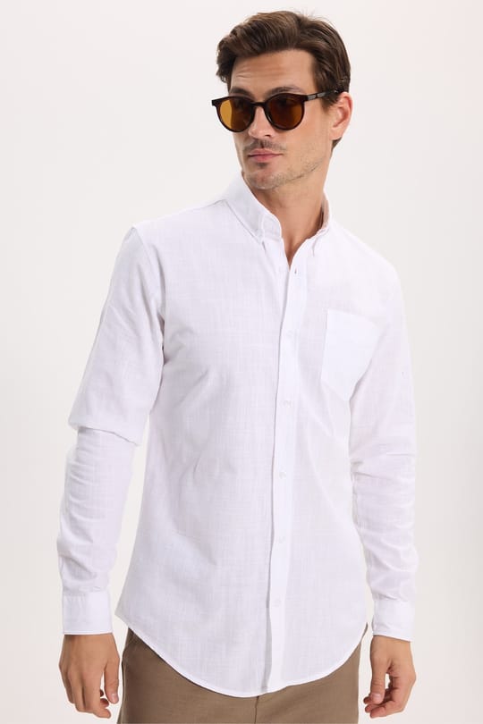 Erkek Slim Fit Dar Kesim Uzun Kollu %100 Pamuk Keten Efektli Düğmeli Yaka Rahat Beyaz Gömlek
