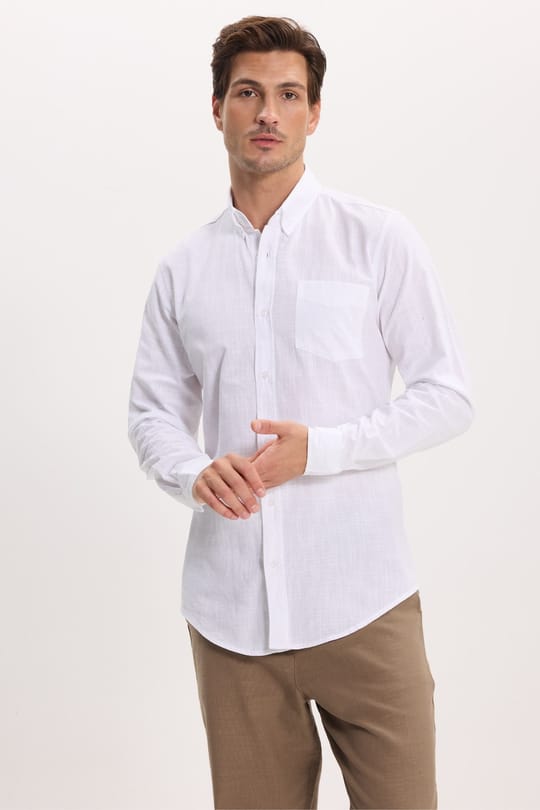 Erkek Slim Fit Dar Kesim Uzun Kollu %100 Pamuk Keten Efektli Düğmeli Yaka Rahat Beyaz Gömlek