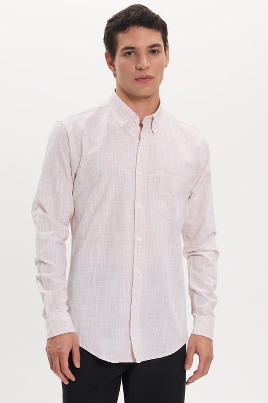 Erkek Slim Fit Dar Kesim Uzun Kollu %100 Pamuk Keten Efektli Düğmeli Yaka Rahat Bej Gömlek