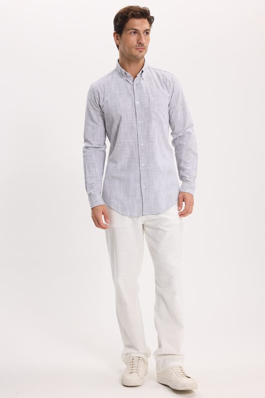 Erkek Slim Fit Dar Kesim Uzun Kollu %100 Pamuk Keten Efektli Düğmeli Yaka Rahat Gri Gömlek