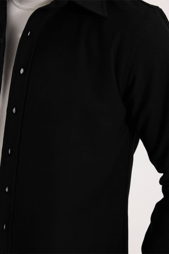 Erkek Slim Fit Dar Kesim Uzun Kollu Dokulu Kışlık Siyah Gömlek