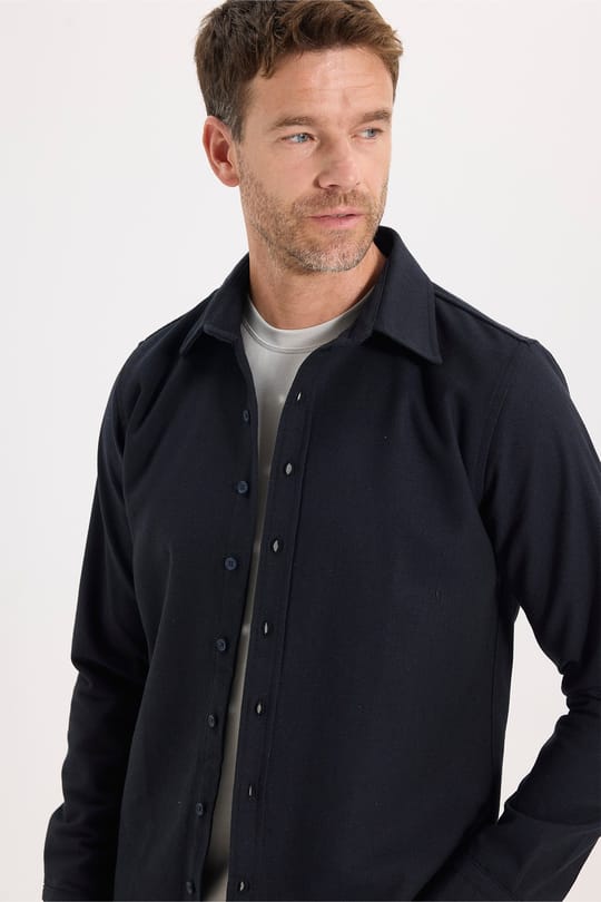 Erkek Slim Fit Dar Kesim Uzun Kollu Dokulu Kışlık Lacivert Gömlek