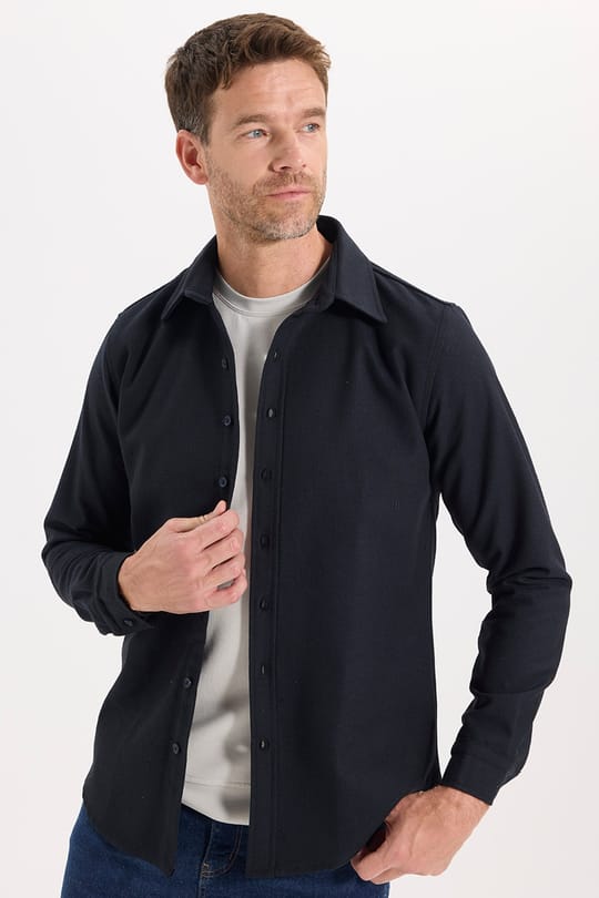 Erkek Slim Fit Dar Kesim Uzun Kollu Dokulu Kışlık Lacivert Gömlek