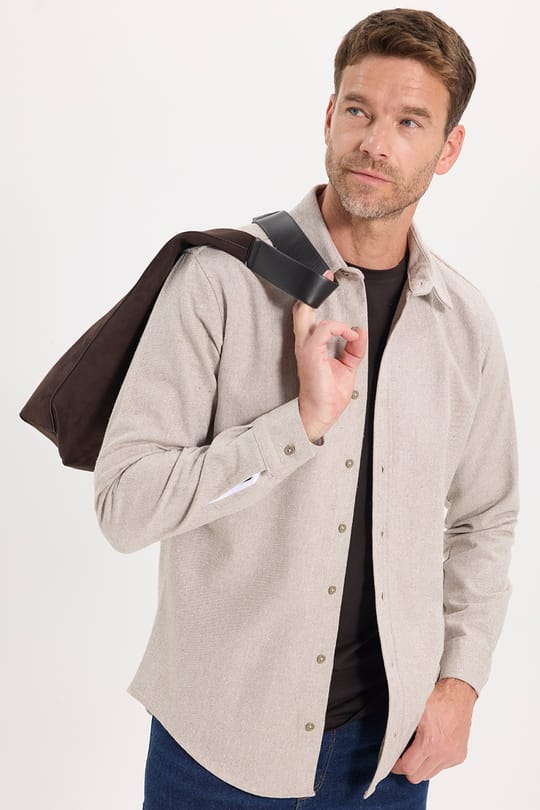 Erkek Slim Fit Dar Kesim Uzun Kollu Dokulu Kışlık Bej Gömlek