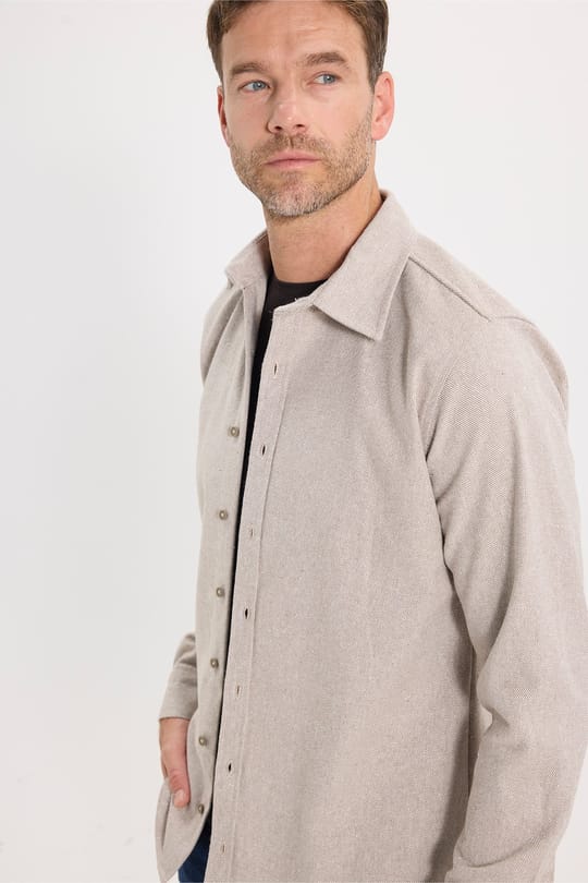 Erkek Slim Fit Dar Kesim Uzun Kollu Dokulu Kışlık Bej Gömlek
