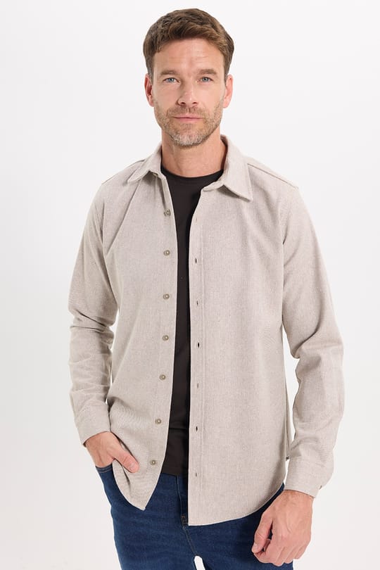 Erkek Slim Fit Dar Kesim Uzun Kollu Dokulu Kışlık Bej Gömlek