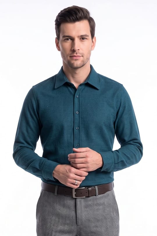 Erkek Slim Fit Dar Kesim Uzun Kollu Dokulu Kışlık Petrol Gömlek