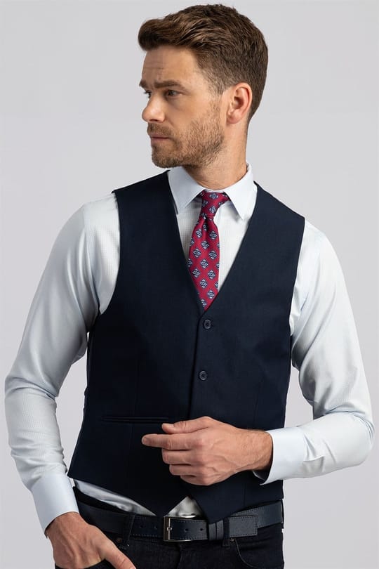 Erkek Slim Fit Düz Cepli Lacivert Yelek