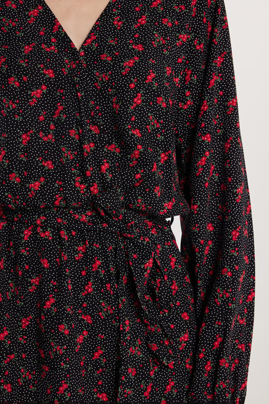 Kadın Slim Fit Dar Kesim Uzun Kollu Bağlamalı V Yaka Baskılı Viskon Elbise