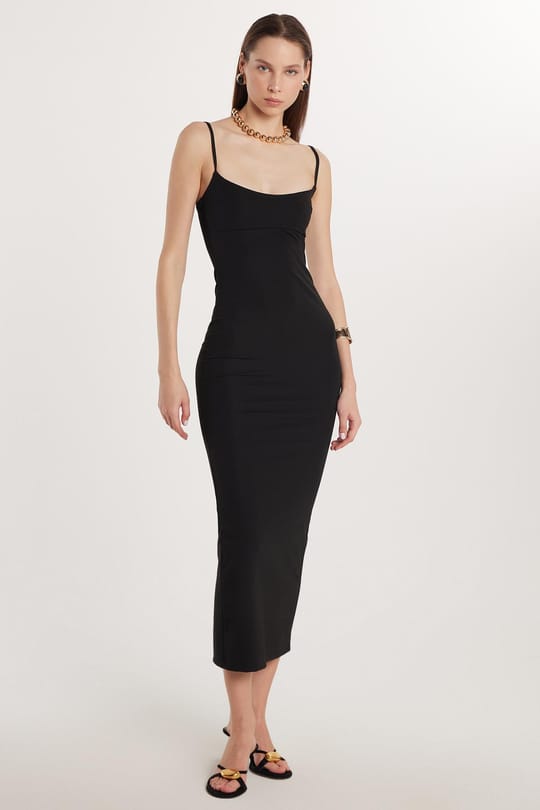 Kadın Slim Fit Dar Kesim İnce Askılı Kare Yaka Siyah Elbise