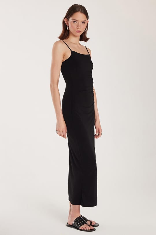 Kadın Slim Fit Dar Kesim Esnek U Yaka Midi Siyah Elbise