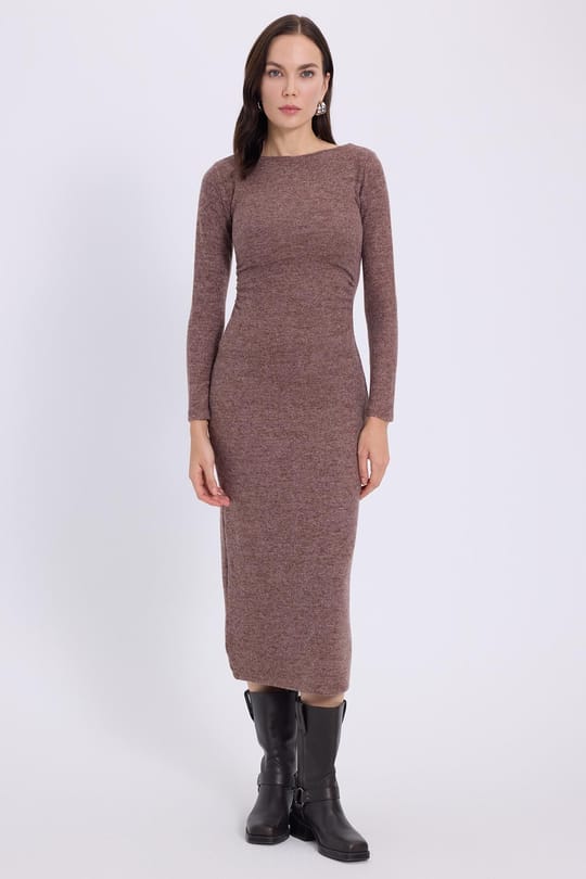 Kadın Slim Fit Dar Kesim Bisiklet Yaka Kahverengi Elbise