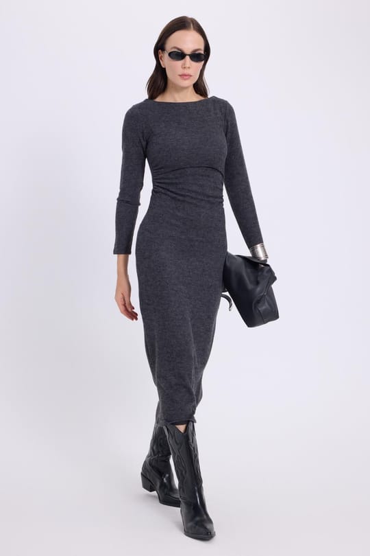Kadın Slim Fit Dar Kesim Bisiklet Yaka Antrasit Elbise