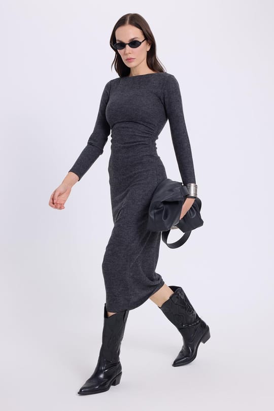 Kadın Slim Fit Dar Kesim Bisiklet Yaka Antrasit Elbise