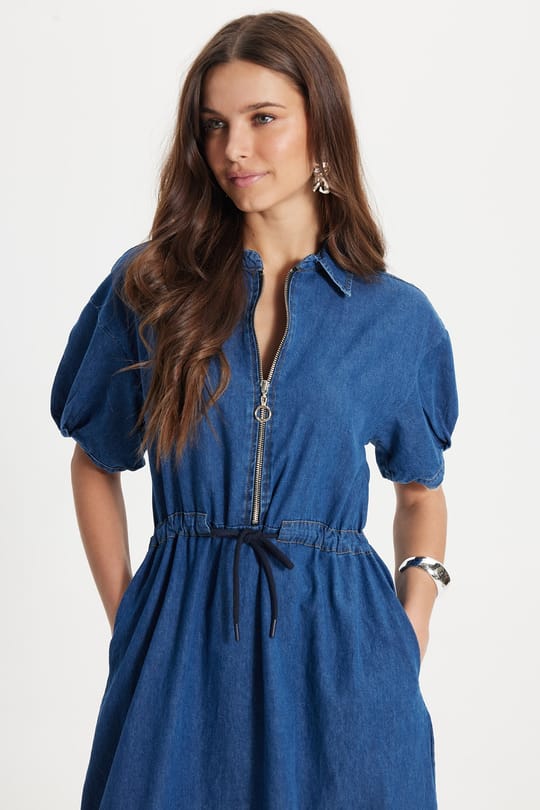 Kadın Slim Fit Dar Kesim %100 Pamuk Kısa Kol Fermuarlı Gömlek Yaka Lacivert Elbise 