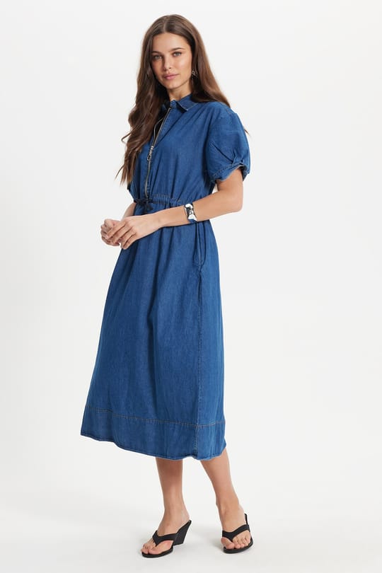 Kadın Slim Fit Dar Kesim %100 Pamuk Kısa Kol Fermuarlı Gömlek Yaka Lacivert Elbise 