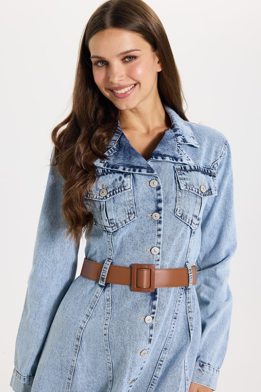 Kadın Regular Fit Klasik Kesim %100 Pamuk Uzun Kollu Volanlı Kemerli Açık Mavi Denim Elbise