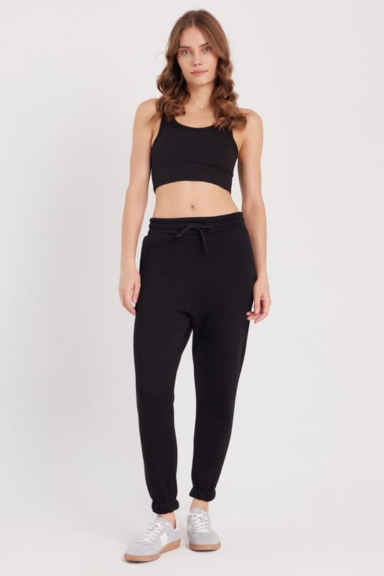 Kadın Relax Fit Rahat Kesim Şardonlu 3 Cepli Lastikli Jogger Paça Siyah Eşofman Altı