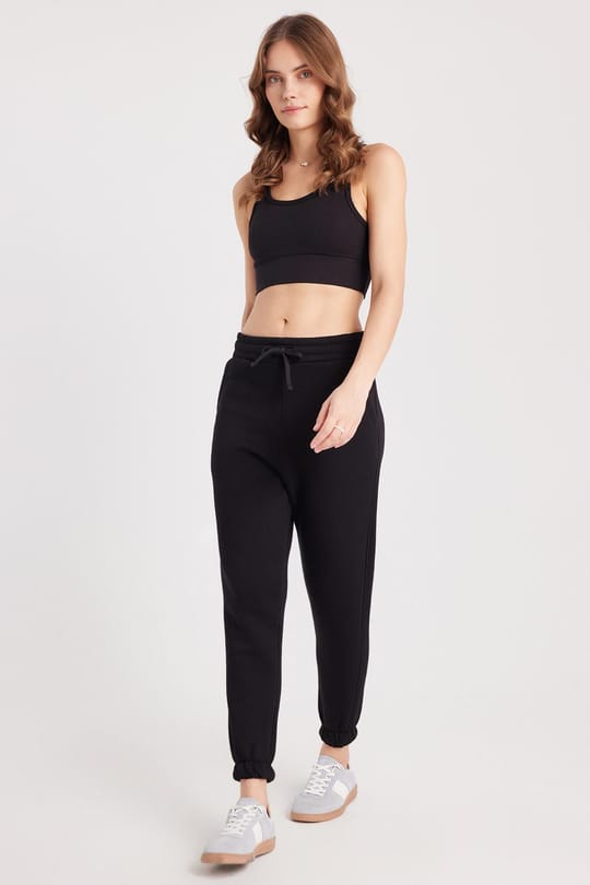 Kadın Relax Fit Rahat Kesim Şardonlu 3 Cepli Lastikli Jogger Paça Siyah Eşofman Altı