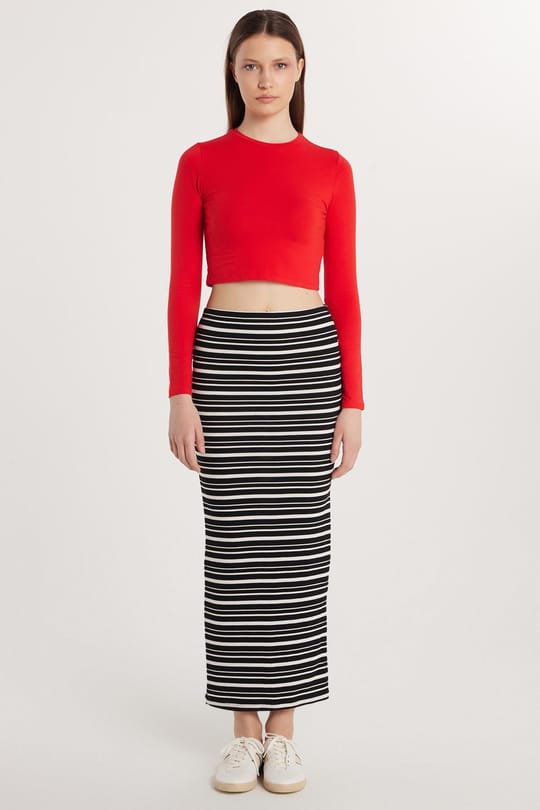 Kadın Slim Fit Viskon Çizgili Normal Bel Etek